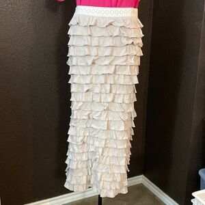 TAN beige knit‎ stretch layered ruffle fitted maxi skirt